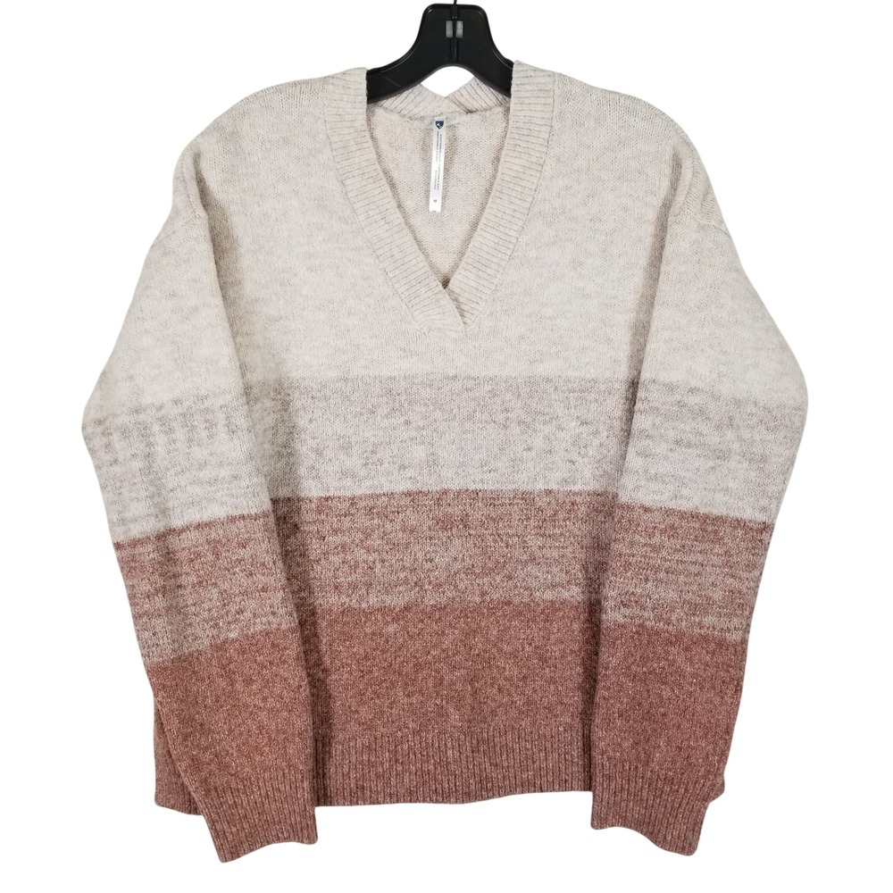 Kuhl V-Neck Sweater Womens Medium Pink Tan Colorblock Relaxed Fit Pullover